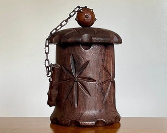 Vintage Hand Carved Solid Wood Lidded Box with Medieval Mace Handle | Decorated with Nails and Studs | Made in Spain | Bellarine Bazaar