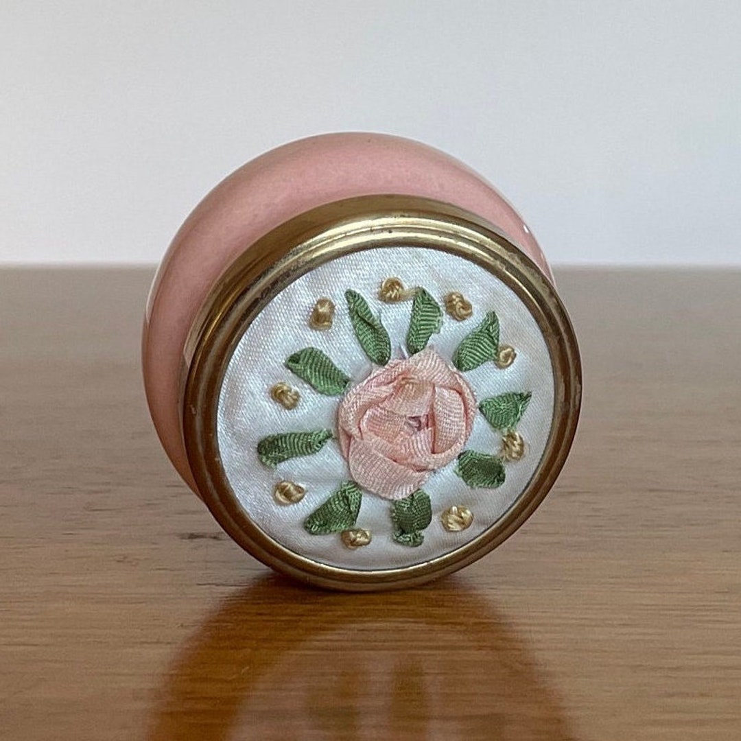 Vintage Framecraft Pink Porcelain Trinket Box With Embroidered Brass ...