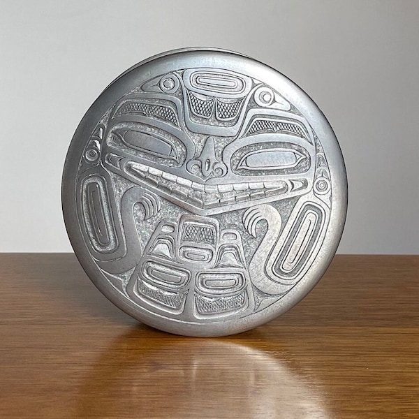 Vintage Boma Round Pewter Trinket Box | Large Size | “Bear Mask” Design | Made in Canada | Indigenous Totemic Art | Bellarine Bazaar