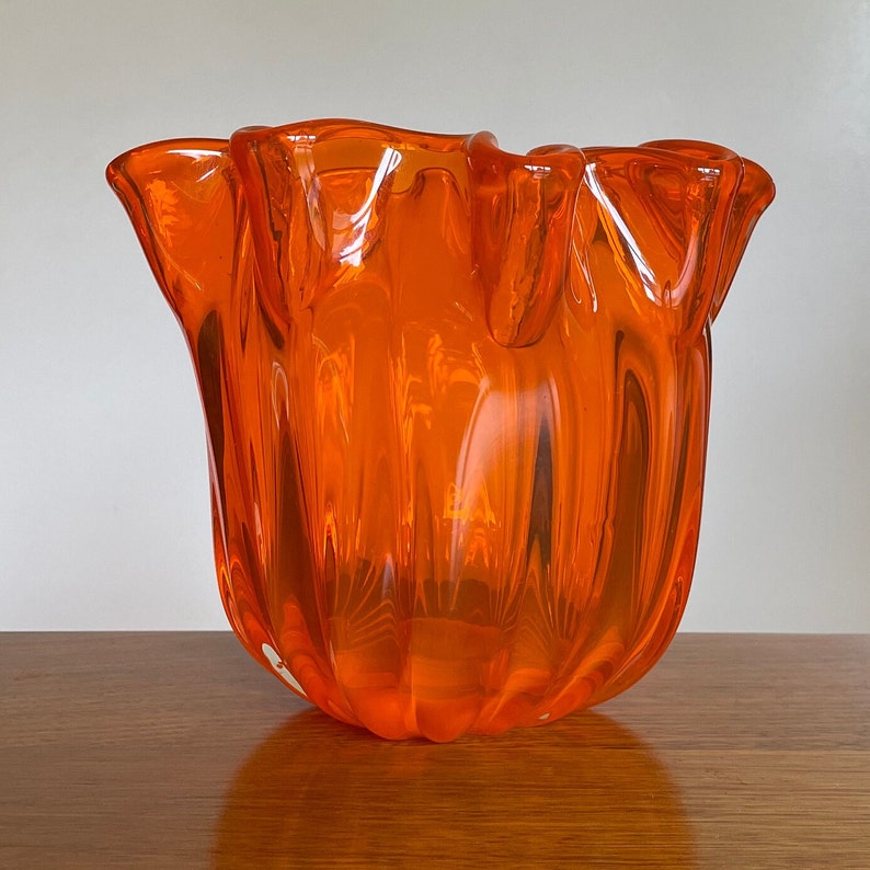 Vintage Large Orange Swung Art Glass Handkerchief Vase Iconic Mid