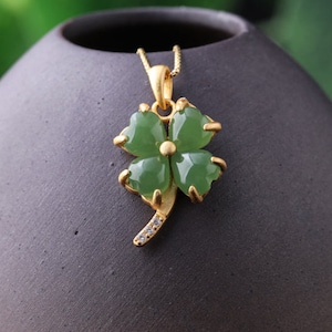 Genuine Certificate Gold inlaid four-leaf clover Jade  Necklace,Green Jade necklace,Handcrafted Amulet,Natural Grade Type A