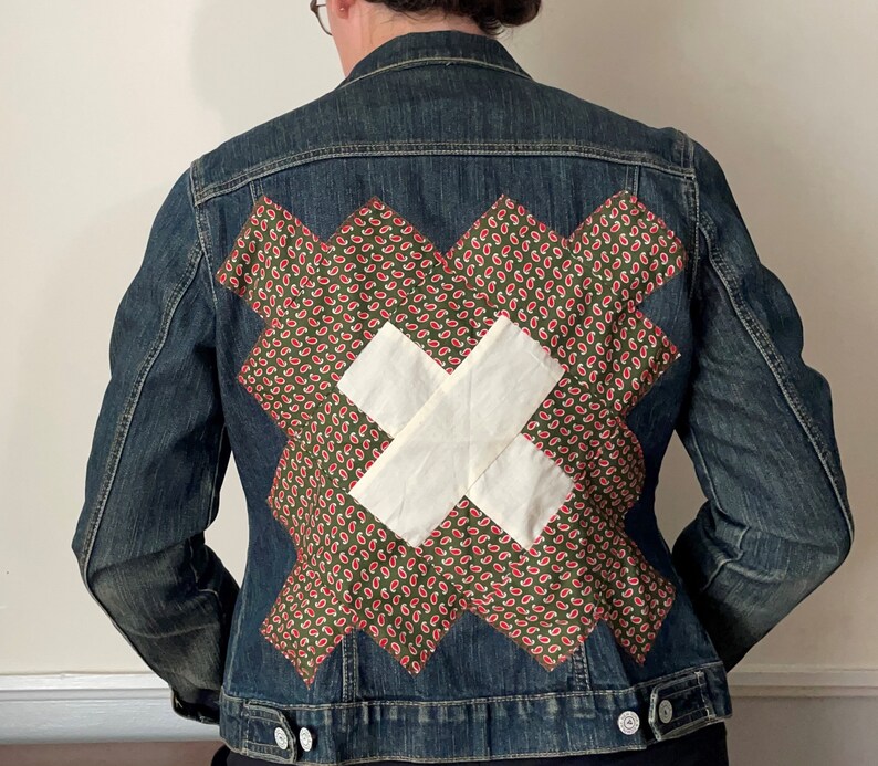 Denim Jacket With Vintage Quilt Block - Cross and Paisley Pattern - Etsy