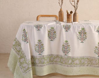 Mantel de algodón estampado a mano, decoración bohemia floral india para comedor, mantel rectangular de lino para 6 personas.