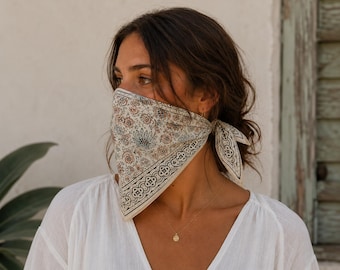 Organic Cotton Bandana Scarf: Hand Block Print Paisley Design, Floral Cotton Bandana, Boho Neckerchief,Western Cowboy Scarf,Unisex Hair Wrap