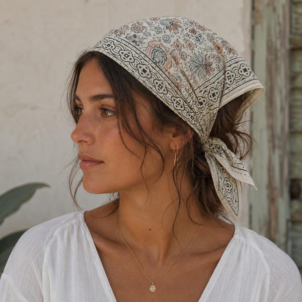 Organic Cotton Bandana Scarf: Hand Block Print Paisley Design, Floral Cotton Bandana, Boho Neckerchief,Western Cowboy Scarf,Unisex Hair Wrap