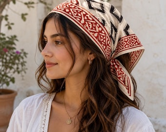 Block Print Cotton Bandana Red Black & Ivory Western : Cowboy Neck Scarf, Square Head Scarf