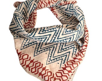 Hand Block Print Cotton Bandana Scarf for Men & Women, 21x21 Inch Head Scarf, Boho Neckerchief, Handmade Tribal Print Bandana