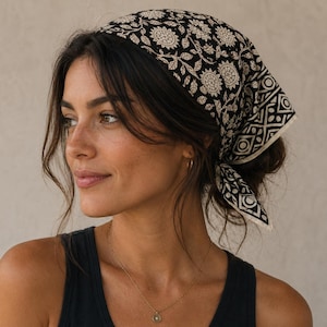 Black Floral Block Print Cotton Bandana: Boho Head Scarf, Face Cover, Hair Wrap, Neckerchief