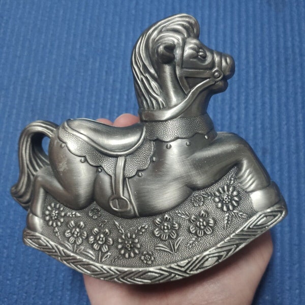 Vintage Rocking Horse Money Box Piggy Coin Bank Silver Plated