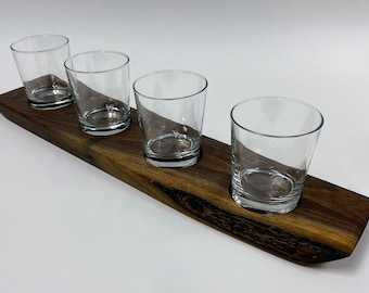 Walnut Drink Flight with Glasses: Whiskey, Beer, Juice
