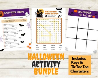Halloween Activity Bundle, Word Search, Tic Tac Toe, Halloween Games, Idiom Gap-Fill, Kids Halloween Printable