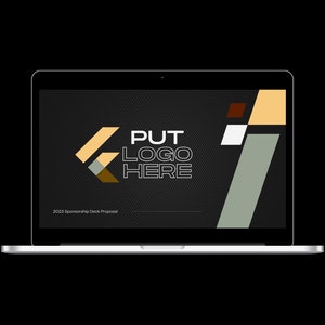 May include: A silver laptop displays a presentation screen with the text "PUT LOGO HERE" in white. The screen features geometric shapes in shades of brown, beige, and green against a dark textured background. The text "2023 Sponsorship Deck Proposal" is at the bottom.