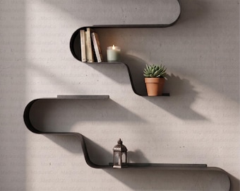 Estante flotante pequeño con borde natural, de acero inoxidable, con forma de C, decoración de pared, mesita de noche flotante hecha a mano, estantes de pared con diseño de ondas naturales.