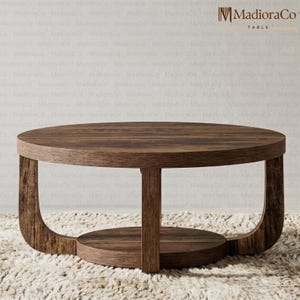Könnte beinhalten: Ein dunkelbrauner, ovaler Couchtisch mit unterer Ablage und geschwungenen Beinen. Der Tisch ist aus Holz gefertigt und hat ein natürliches Maserungsmuster. Der Markenname "MadioraCo TABLE" ist oben rechts sichtbar.