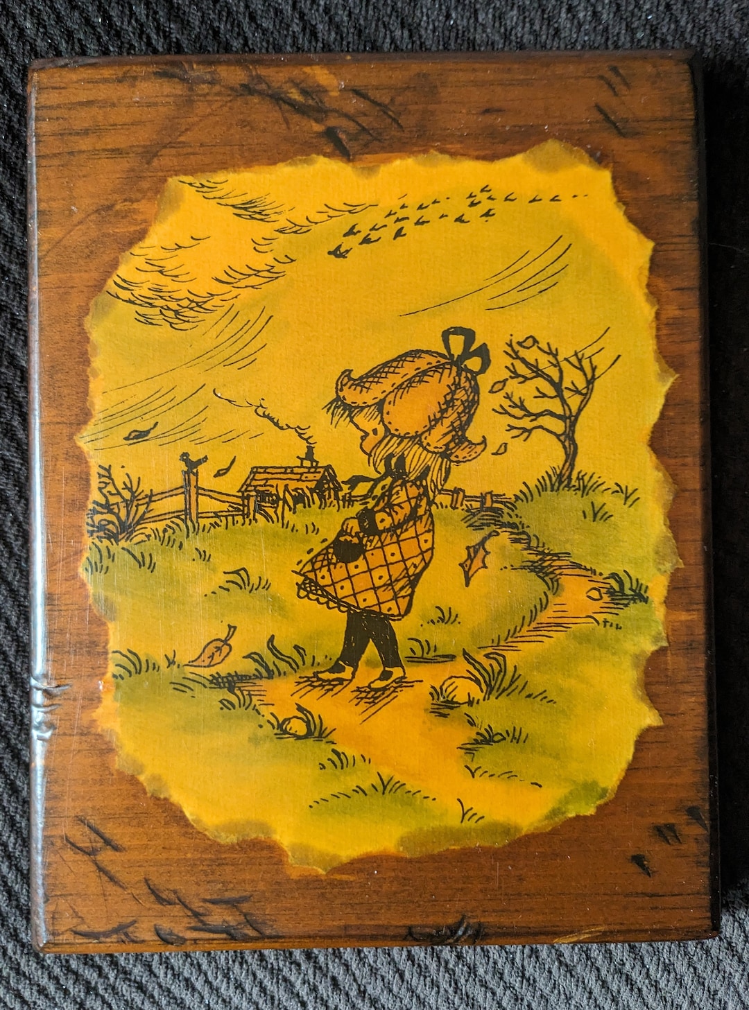 Vtg 1970s Era Wood Decoupage Wall Plaque of girl Walking in Fall MCM ...