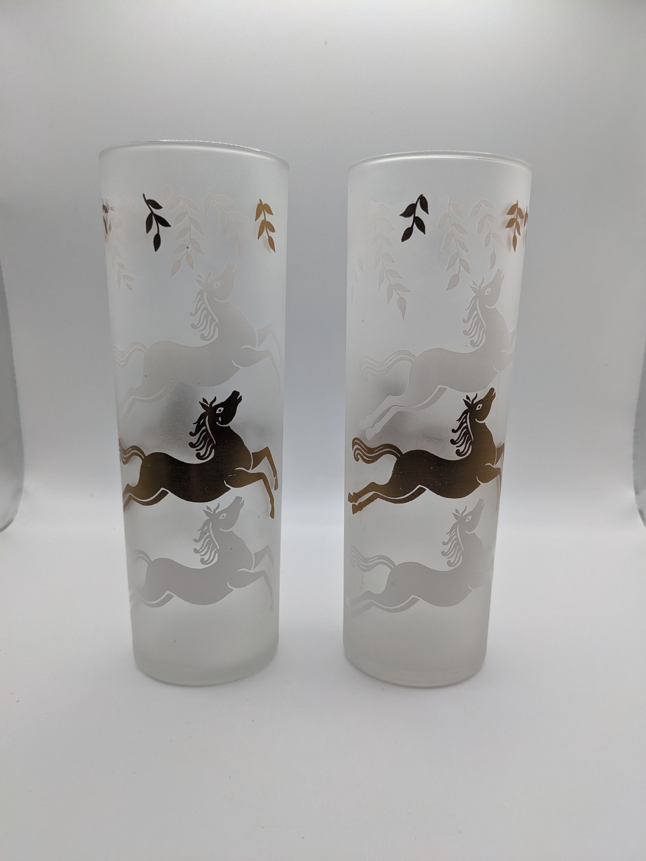 Vintage Frosted Highball Glasses Gold and White Horses Set of Etsy