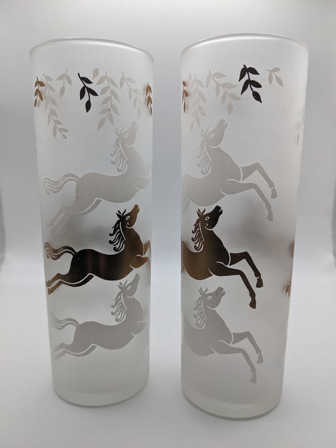 Vintage Frosted Highball Glasses Gold and White Horses Set of Etsy