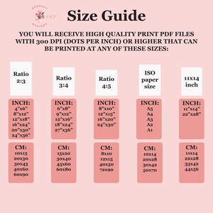 Pu&ograve; includere: Un grafico rosa e bianco con il titolo "Guida alle taglie" e informazioni su diverse dimensioni di stampa in pollici e centimetri. Il grafico include rapporti di 2:3, 3:4 e 4:5, nonch&eacute; formati di carta ISO e formati di 11x14 pollici.