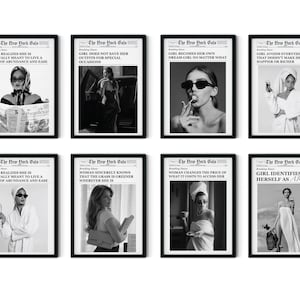 Sztuka ścienna w stylu New York Times – zestaw 8 plakatów z gazet do wydrukowania | Modny czarno-biały cyfrowy do pobrania na galerię dekoracji ściennych
