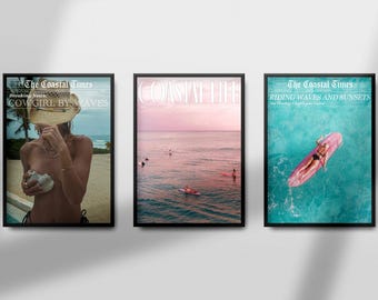 Coastal Cowgirl Set of 3 Surfboard Wall Art Beachy Wall Art Newspaper Print Beachy Room Decor Instant Digital Download