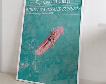 Coastal Cowgirl Surfboard Wall Art Beachy Wall Art Newspaper Print Beachy Room Decor Instant Digital Download