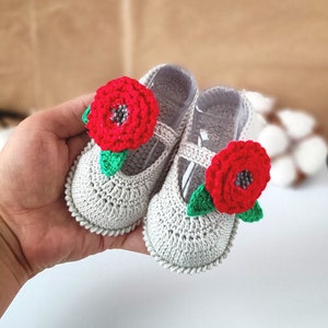 Pu&ograve; includere: Un paio di scarpine per neonati in crochet grigio con decorazioni floreali rosse. Ogni scarpetta ha un fiore rosso con foglie verdi.