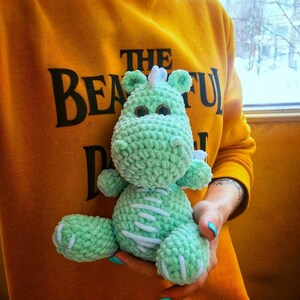 Puede incluir: Un juguete de drag&oacute;n de crochet de color verde claro con detalles blancos. El drag&oacute;n tiene un peque&ntilde;o cuerno en la cabeza y ojos grandes y redondos. El juguete est&aacute; siendo sostenido por una persona que lleva una sudadera amarilla con el texto "The Beautiful Day" impreso en ella.