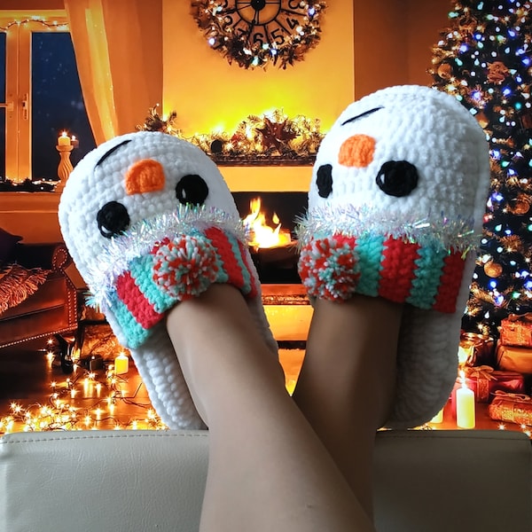 Patrón de crochet para pantuflas de muñeco de nieve, regalo de Navidad DIY, pantuflas de crochet sencillas, patrón de pantuflas de casa de crochet, se adapta a tallas de EE. UU. 5-12