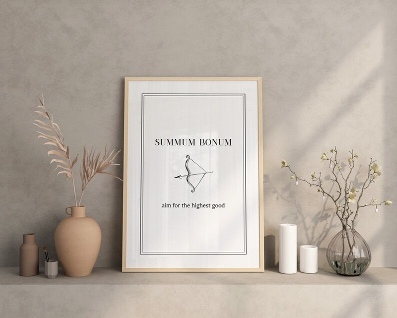 May include: A framed print with a white background and black text that reads "Summum Bonum" and "aim for the highest good". A black and white illustration of an arrow and bow is centered on the print.