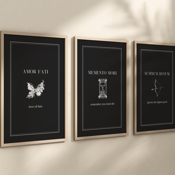 Set of 3 Stoicism Prints, Black Minimalist Wall Art, Stoic Philosophy Posters, Inspirational, Memento Mori