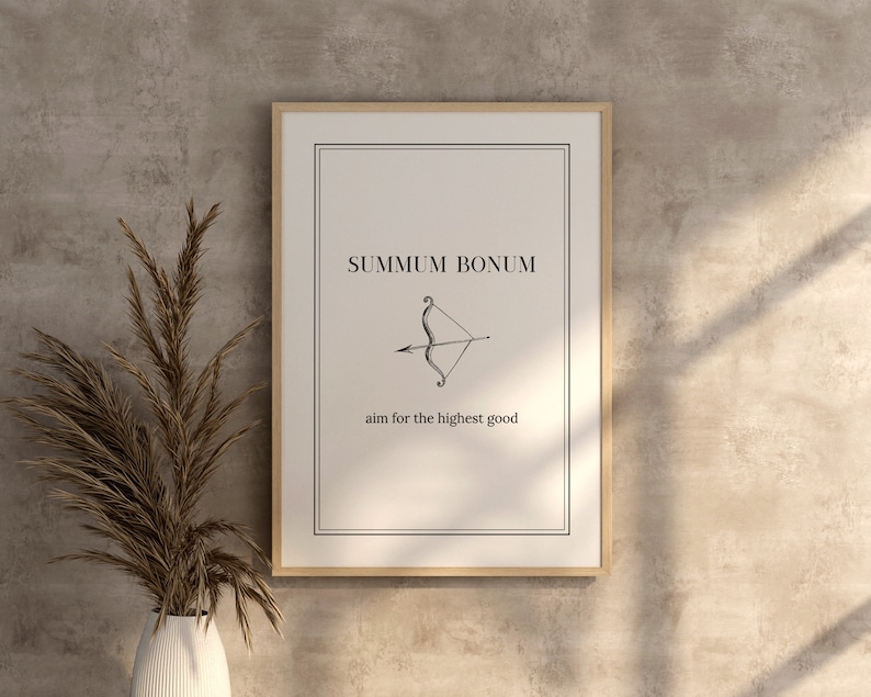 May include: A framed print with a white background and black text that reads "Summum Bonum" and "aim for the highest good". A black and white illustration of an arrow and bow is centered below the text.