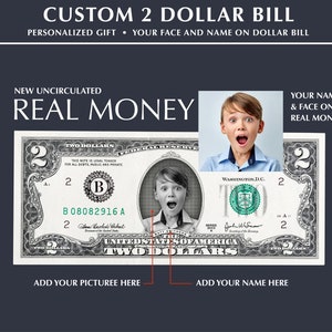 Billet de 2 dollars de collection personnalisé, votre photo sur un billet de 2 dollars, dollar personnalisé, oeuvre d&#39;art sur un billet d&#39;un dollar, votre visage sur de l&#39;argent, dollars personnalisés