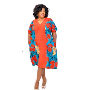 African Ankara  dress with  Stoned Linen material- Omoge Asiko