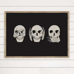 See, Hear, Speak No Evil Skulls, Halloween Wall Hanging, Printable Art, Halloween Decor