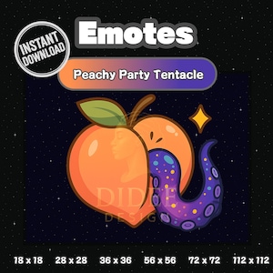 May include: Digital download graphic featuring a peach with a face and a purple tentacle. The text "Peachy Party Tentacle" is above the graphic. The image includes the text "INSTANT DOWNLOAD" and various size options.