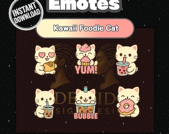 Kawaii Foodie Cat Emote Pack – 6 PNG for Twitch & Discord | Bubble Tea, Donuts, Cupcake