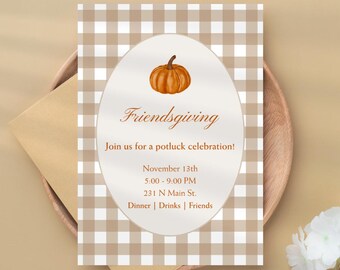 Friendsgiving Invitation | Gingham Pumpkin, Editable Template (Digital Download)