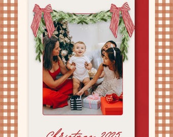 Editable Family Photo Christmas Card | Bows & Greenery (Digital Download)
