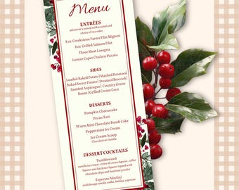Editable Christmas Dinner Menu Template | Holly Berry Greenery (Digital Download)