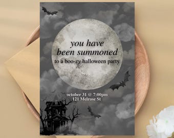 Digital Editable Halloween Invitation | Spooky You Have Been Summoned Party Eerie Creepy Ghost Moon Bats Haunted | Editable Invite Download