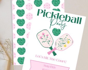 May include: A pink and green invitation for a pickleball party. The invitation features a floral design with two pickleball paddles and the text "Pickleball Party" and "Let's Hit The Court!" The invitation also includes the date and time of the party: "May 15th 10:00 AM" and the location: "Riverside Park Courts".