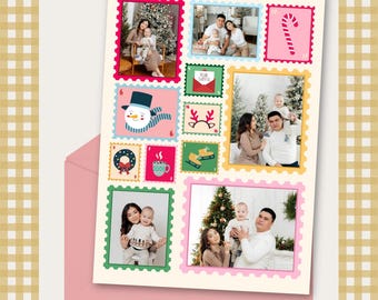 Digital Editable Holiday Christmas Card | Postage Stamp Colorful Maximalist Design | Family Photo Printable Mailing Xmas Customizable