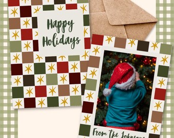 Digital Editable Holiday Christmas Card | Muted Checkered and Star Pattern Design | Family Photo Printable Mailing Xmas Customizable