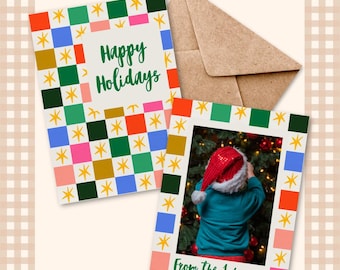 Editable Rainbow Checkered Christmas Card | Family Photo (Digital Download)
