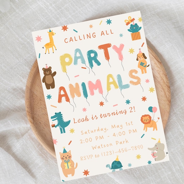 Digital bearbeitbare Einladung für alle Partytiere | Partytier Feier Kindergeburtstag | Jedes Alter Geburtstag bearbeitbar einladen Download