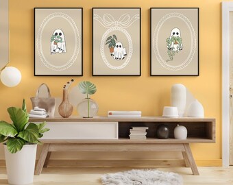 Fall Halloween Ghost Plants Wall Prints Dainty Frames | Downloadable Wall Art | Boho Holiday Decor | Trendy Ghosts in Drawn Frame Nature