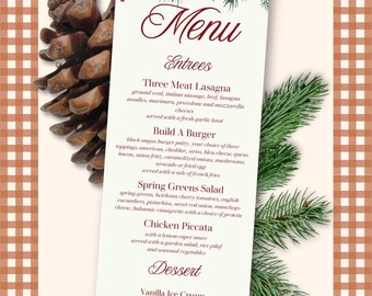 Digital Editable Holiday Christmas Dinner Party Menu | Pine Holly Greenery Garland Tree | Printable Fully Customizable Design