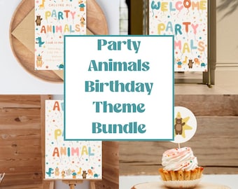 Pode incluir: Um pacote temático de festa de aniversário de animais com convites, placas de boas-vindas e toppers de cupcake. Os designs apresentam confetes coloridos e ilustrações de animais. O texto "Party Animals Birthday Theme Bundle" é exibido de forma proeminente.