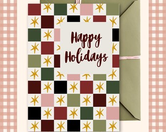 Editable Christmas Card | Muted Checkered Star Design (Digital Download)