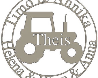 Personalisiertes Türschild aus Holz - Familienschild Traktor - Familienschild - Namensschild